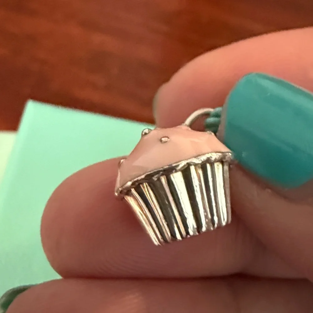 Tiffany & Co. Cupcake Charm Pendant Necklace on Tiffany Silk Cord 16-18”